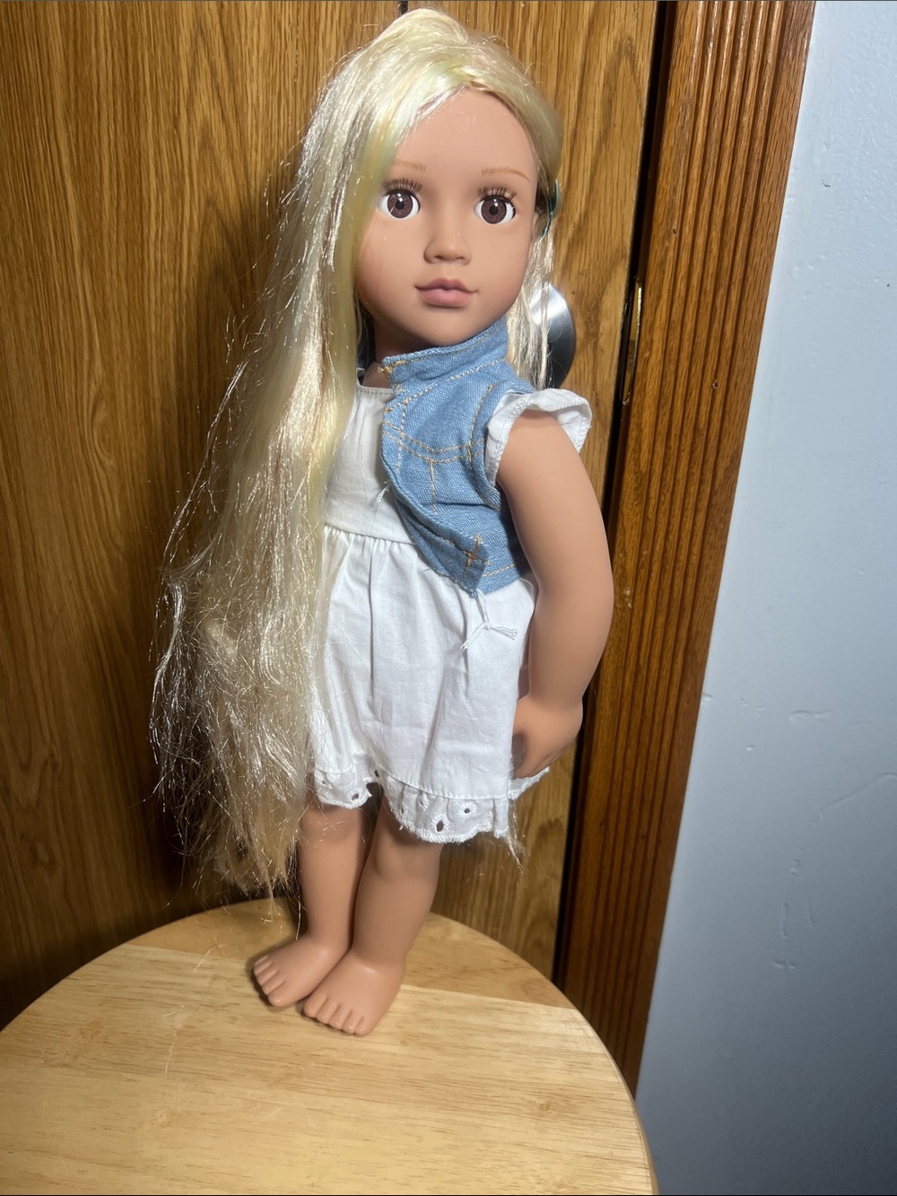 Blonde Hair Fashion Doll in White Dress with Blue Denim Vest